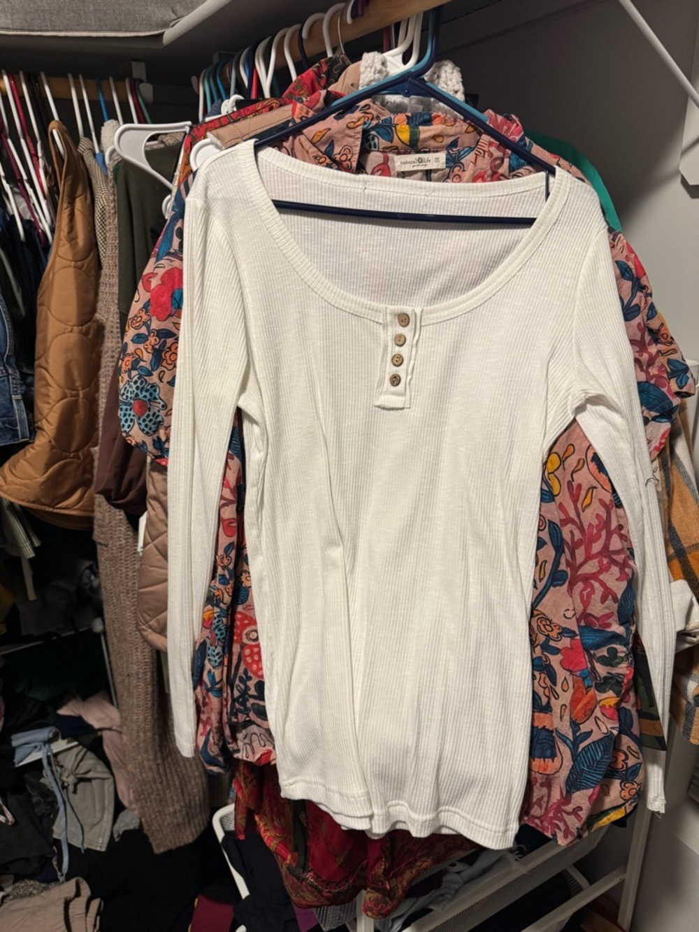 White Ribbed Henley Long-Sleeve Top - Unbranded
